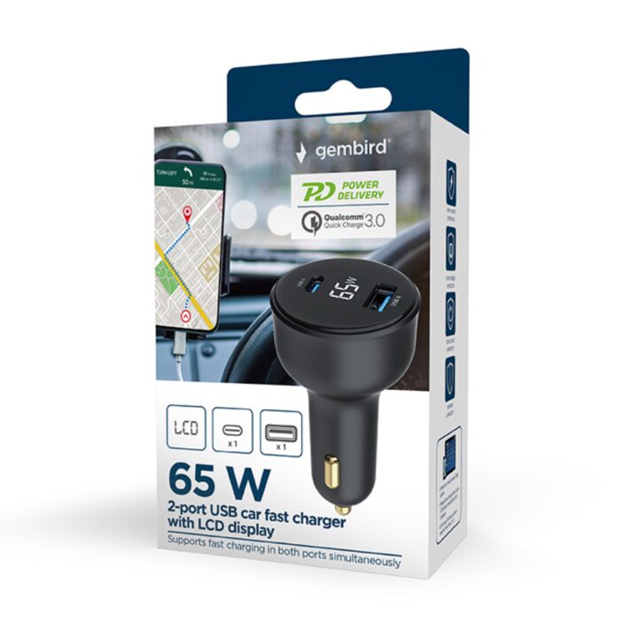 Cargador Rapido Para Coche Gembird Usb De 2 Puertos, Tipo C Pd, Lcd, 65 W,negro