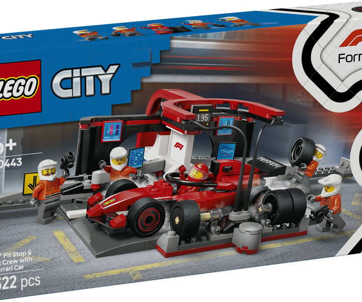 Lego city formula 1 parada en boxes y equipo de mecánicos con coche ferrari