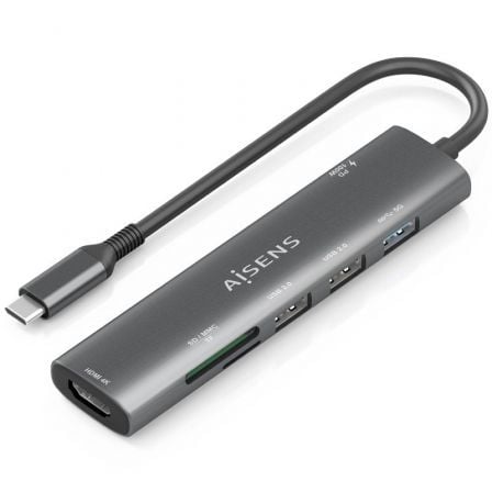 Docking USB Tipo-C Aisens ASUC-7P027-GR/ 1xHDMI 4K/ 3xUSB/ 1xUSB Tipo-C PD/ 1xLector Tarjetas/ Gris