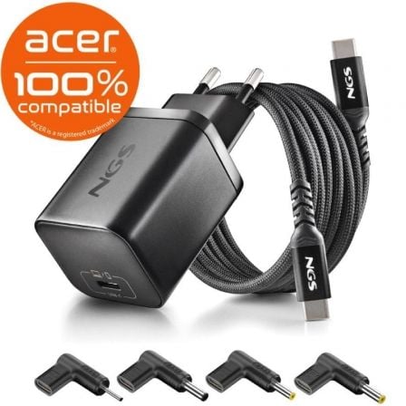 Cargador de Portátil GaN NGS BUD65W-AC para Acer/ 1xUSB Tipo-C/ 65W/ Automático/ 4 Conectores/ Voltaje 5-20V